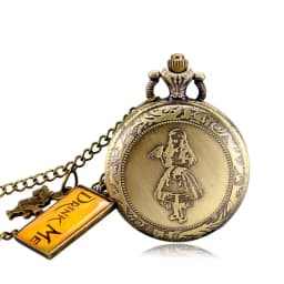 Retro Bronze Dream Women Rabbit Drink Me Tag Brown Glass Quartz Pocket Watch Chain Necklace Pendant for Girl Women