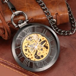 Classic Trendy Hand-winding Pocket Watch Steampunk Pendant Black Case Mechanical Clock Men Women Fob Chain Birthday Xmas Gift