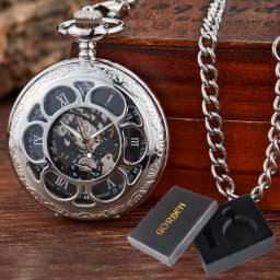 Roman Numeral Luxury Mechanical Pocket Watch Engrave Carving Sliver Case Steampunk Skeleton Watches Fob Chain Clock for Men