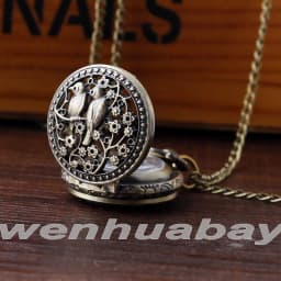 Vintage Hollow Pocket Watch 1Pc Small Bird Flower Pattern Quartz Hour Arabic Numberals Dial Pendant Chain Necklace Boy Watches
