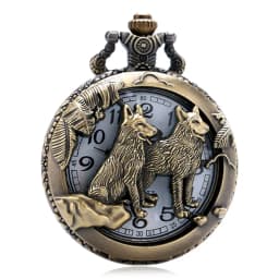 Retro Vintage Bronze Dog Wolf Hollow Quartz Fob Pocket Watch with Necklace Chain Cool Pendant Clock Gift for Male Men