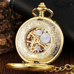 Golden Hollow Deer Pattern Mechanical Pocket Watch Vintage Double Side Steampunk Fob Clock Male Necklace Watch Chain Women Men