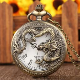 Classic Vintage Pocket Watch Fashion Hollow Carving Chinese Dragon Roman Numerals Dial Necklace Gift
