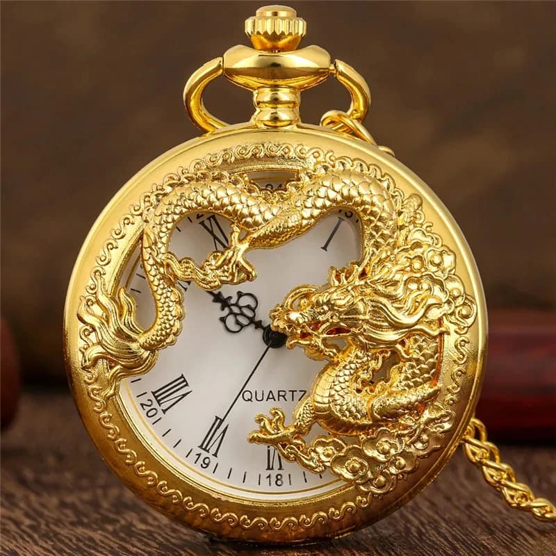 Classic Vintage Pocket Watch Fashion Hollow Carving Chinese Dragon Roman Numerals Dial Necklace Gift