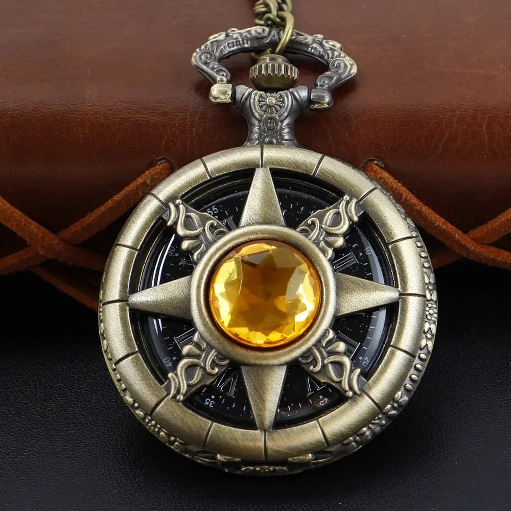 Hollow Yellow Magic Gemstone Inlaid Compass Quartz Pocket Watch Retro Digital Pendant Chain Clock Necklace Jewelry Clock Gift