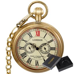 Antique Copper London 1856's Antique 5 Hands Mechanical Pocket & Fob Watches Hand Winding Skeleton Mens Pocket Watch 30Cm Chain