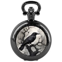 Exquisite Gift Raven Design Glass Dome Pocket Watch Arabic Numeral Dial Vintage Men Women Necklace Pendant Creative Clock Gift