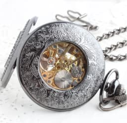 10pcs/lot Vintage Black Hollowed Flower Flip Mechanical Pocket Watch Roman Dial Hand Wind Skeleton Men Women Gift Watch