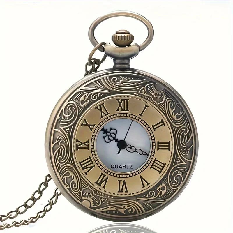 Vintage Bronze Quartz Pocket Watch Roman Numerals Scale Pendant Necklace Chain Clock Gift for Men Women Collectible Accessory