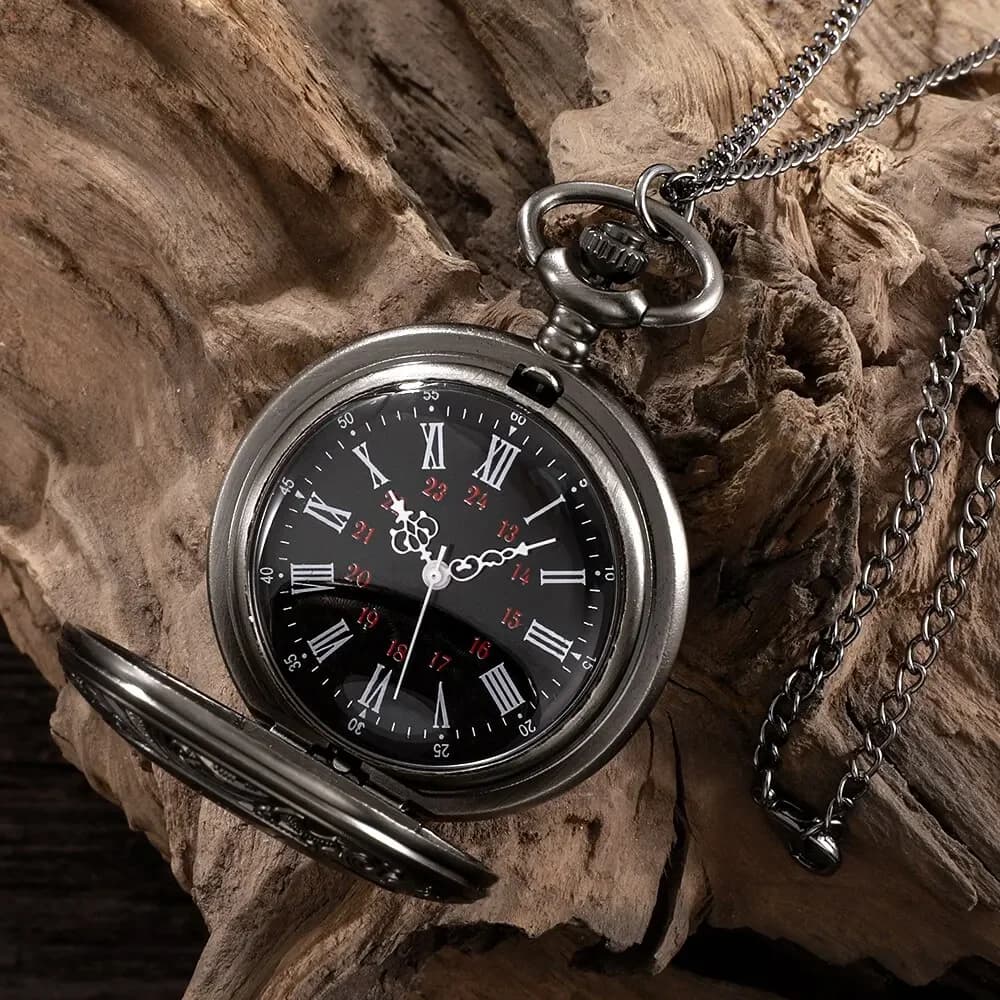 Large classical black dual display Roman retro watch with black face, Roman letters, white needles, nostalgic pocket watch