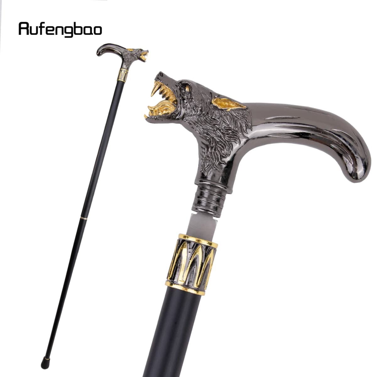 Golden Black Wolf Head Biting Walking Stick with Hidden Plate Self Defense Fashion Cane Plate Cosplay Crosier Stick 93cm