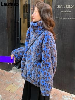 Lautaro Winter Oversized Colorful Leopard Print Faux Fur Coat Women Long Sleeve Zip Up Warm Soft Fluffy Jacket Korean Fashion