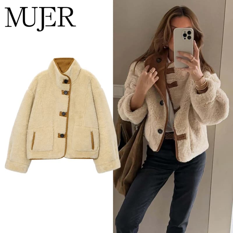 MUJER Women's Teddy Jacket Double Faced Hairy Coat Woman Faux Suede Plush Jacket Women Outerwears Loose Warm Winter Woman Coat