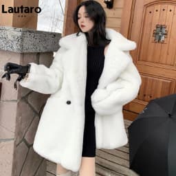 Lautaro Winter Warm White Faux Fur Coat Women Long Sleeve Lapel Double Breasted Luxury Elegant Fluffy Fake Rabbit Fur Blazers