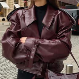 Fashion Lapel Wine Red Leather PU Jacket Autumn Winter Women's Jackets Vintage Long Sleeve Crop Coats Belt High Street New Coat