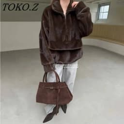 TOKO 2025 Ladies' Best-selling High-Quality New Artificial Half-Zip Oversized Loose Top - Casual, Warm Fashionable Hooded Coat