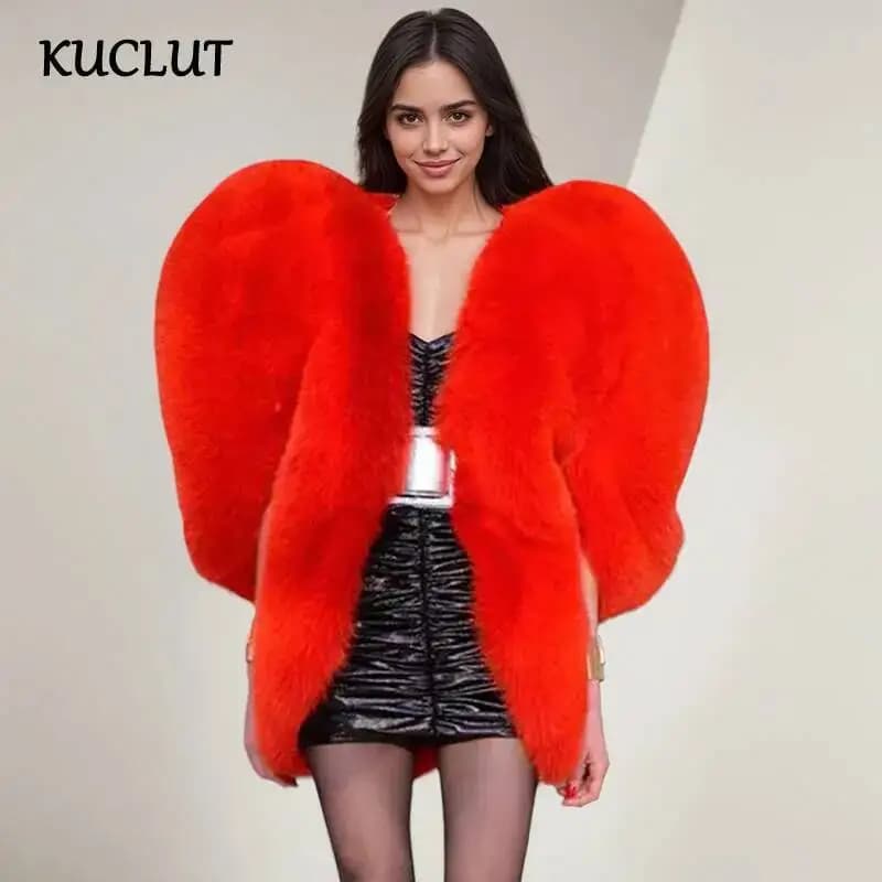 KUCLUT Fashion Solid Color Faux Fur Red Love 3D Heart Shawl Warm Coat For Women Versatile High-end Jacket Female 1A950