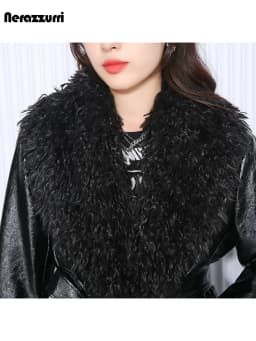 Nerazzurri Autumn Winter Long Loose Black Quilted Warm Soft Pu Leather Coat Women with Faux Fur Trim Sashes European Fashion
