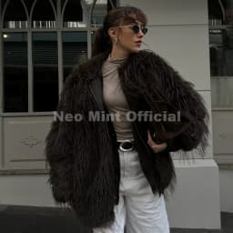 Neo Mint Ins Brand Fashion 2025 Winter Chocolate Brown Oversized Faux Fur Coat Women Fluffy Tassles Jacket Thick Chunky Overcoat