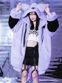Mauroicardi Winter Thick Warm Soft Cute Purple and Black Color Block Faux Fur Coat Women Fluffy Jacket Hoodie with Bunny Ears