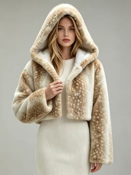 LIMO Women Deer Print Hooded Faux Fur Fluffy Plush Coat Winter Warm Casual Furry Outerwear