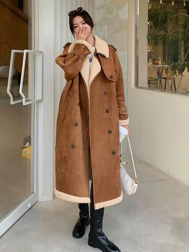 Maillard Mid To Long Knee Length Fur One-Piece Coat For Women In Winter 2026 New Thick Casual Suede Coat Winter Coat Khaki