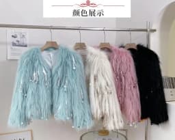 Winter Faux Fox Fur Grass Sequined Tassels Coat Women's Short Imitation Raccoon Fur Beaded Fringed Bomber Jacket Cardigan Abrigo