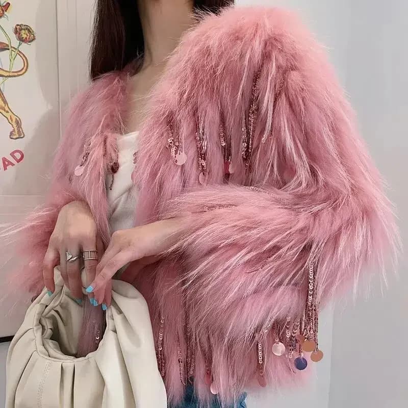 Winter Faux Fox Fur Grass Sequined Tassels Coat Women's Short Imitation Raccoon Fur Beaded Fringed Bomber Jacket Cardigan Abrigo