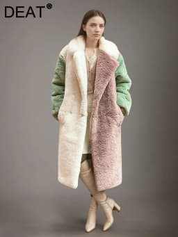 DEAT Fashion Contrast Color Faux Fur Coat Women's Lapel Loose Long Sleeves Plush Thick Overcoat Winter New