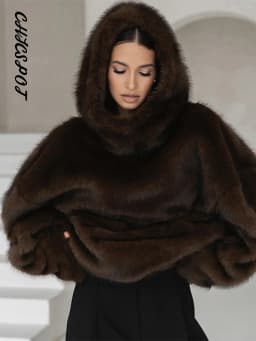 Women's Faux Fur Coats Hooded Patchwork Zipper Cropped Jackets Street Female Lantern Long Sleeves Loose Autumn Winter Outerwears