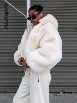 Women's Faux Fur Coats Hooded Patchwork Zipper Cropped Jackets Street Female Lantern Long Sleeves Loose Autumn Winter Outerwears