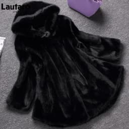 Lautaro Winter Black Warm Thick Hairy Soft Faux Mink Fur Coat Women with Hood Elegant Luxury Fluffy Jacket 2022 4xl 5xl 6xl 7xl