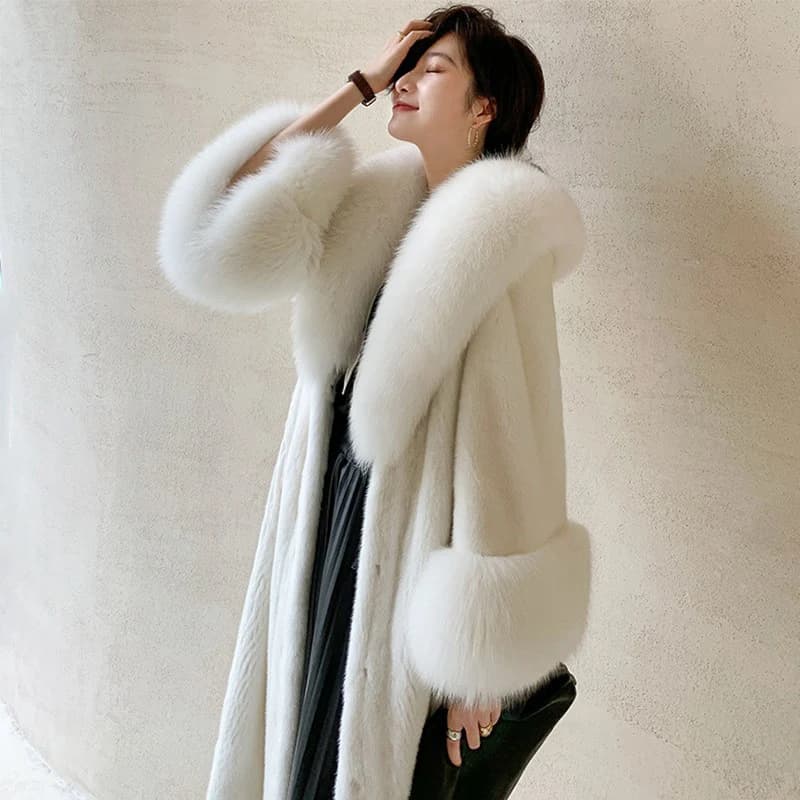 Women's winter fur long mink coat Fox fur collar casual warm windbreaker