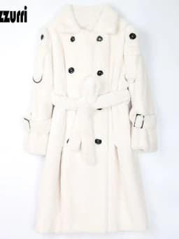 Nerazzurri Long Warm Thick Soft Fluffy Faux Fur Trench Coat for Women 2022 Double Breasted Pink White Green Winter Fashion Belt