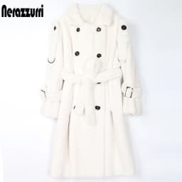 Nerazzurri Long Warm Thick Soft Fluffy Faux Fur Trench Coat for Women 2022 Double Breasted Pink White Green Winter Fashion Belt