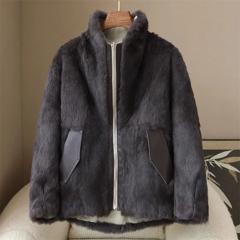 2025 High-quality Real Rabbit Hair Fur Parka Women's Autumn Winter Outdoor Coat Two-sided Wear Jacket Loose Outerwear Streetwear