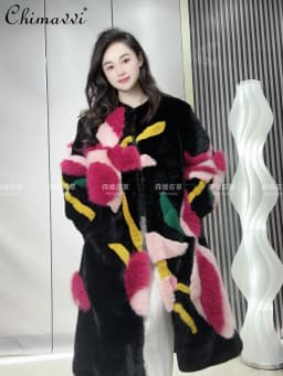 Women's Winter New Heavy Fashion Thickened Warm Light Luxury Round Neck Colorful 3D Patchwork Long Fur Elegant Women's Fur Coat