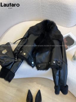 Lautaro Autumn Winter Cool Short Loose Black Thick Warm Soft Hairy Faux Sheepskin Coat Women Luxury Designer Fluffy Jacket 2025