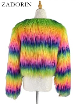 ZADORIN Fashion Colorful Rainbow Hairy Faux Fur Coat Women Crop Top Autumn Winter Fluffy Cropped Fur Jacket Festival Clothing