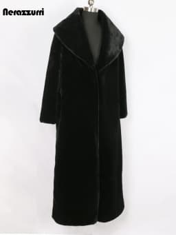 Nerazzurri Extra Long Black Winter Faux Fur Coat Women Long Sleeve Plus Size Elegant Fluffy Sheared Mink Fur Overcoat 6xl 7xl