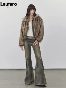 Lautaro Autumn Winter Short Warm Thick Hairy Shaggy Patchwork Faux Raccoon Dog Fur Coat Women Zipper Luxury Fluffy Jacket 2024