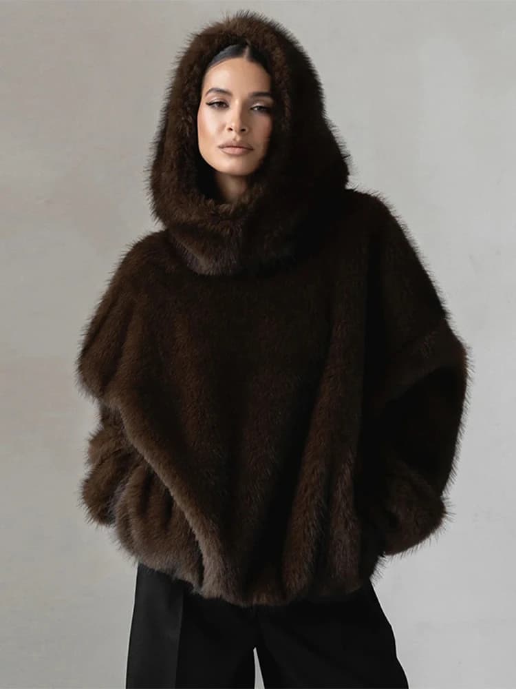 2026 Spring New Faux Fur Long Sleeve Hooded Sweatshirt For Women Elegant Oversize Hoodie Pullover Lady Street Hip-hop Chic Tops