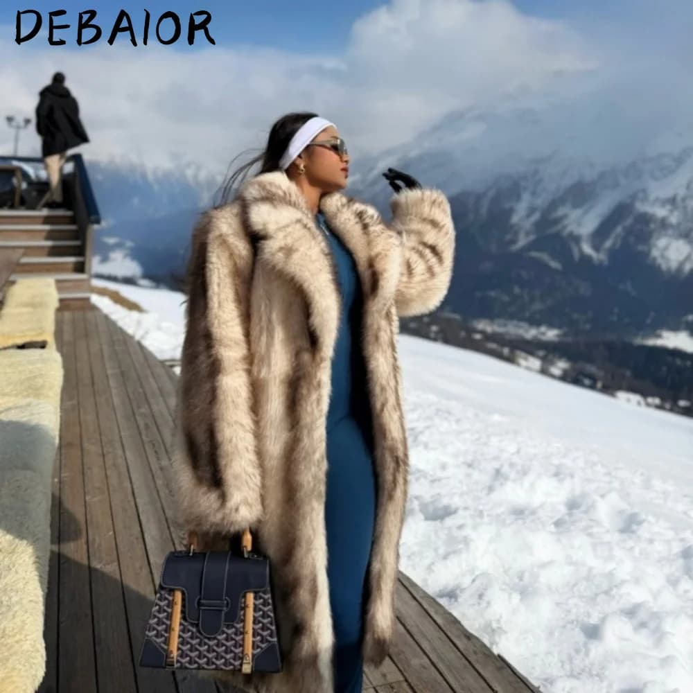 DEBAIOR New Autumn Winter Women's Gradient Faux Fur Long Coat Lapel Belted Faux Fur Jacket Female Thick Warm Clothes Outerwear