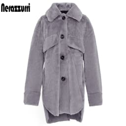 Nerazzurri Oversized Warm Soft Furry Faux Fur Coats for Women Long Sleeve Buttons Gray Fluffy Jacket Winter Clothes Women 2020