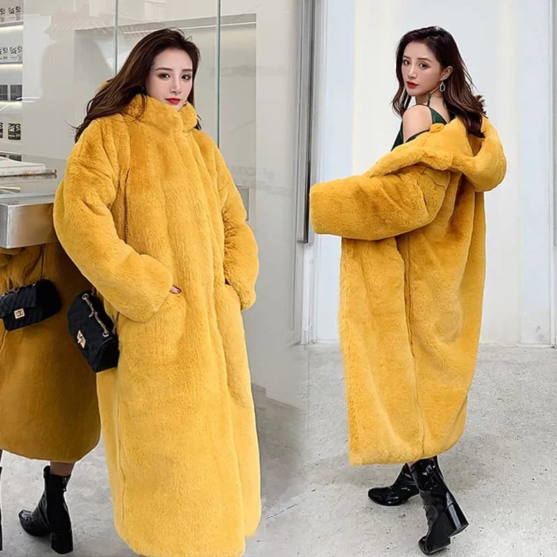Women Faux Fur Maxi Jacket Thick Y2k Autumn Winter Maxi Coat Long Warm Luxury Belt Fur Black Parkas Bontjas Furry Outerwear