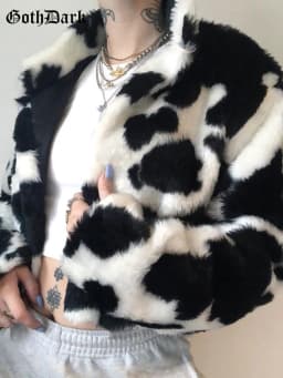 Goth Dark Punk Style Gothic Crop Faux Fur Y2k Coats Fashion Color Block Long Sleeve Women Cardigan Jackets Warm Streetwear 2023