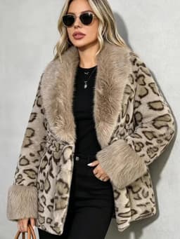 Tie Waist Faux Fur Coat Leopard Pattern Shawl Lapel Furry Cuff Splicing Long Sleeve Loose Chic Jacket 2026 Women's Fashion Coats