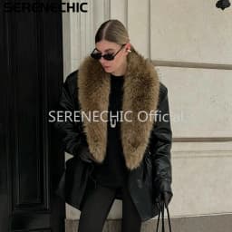 SERENECHIC Luxury Brand Fashion Design Black Faux Leather Coat Women Detachable Fur Collar Oversized PU Leather Jacket Blazer