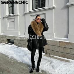 SERENECHIC Luxury Brand Fashion Design Black Faux Leather Coat Women Detachable Fur Collar Oversized PU Leather Jacket Blazer