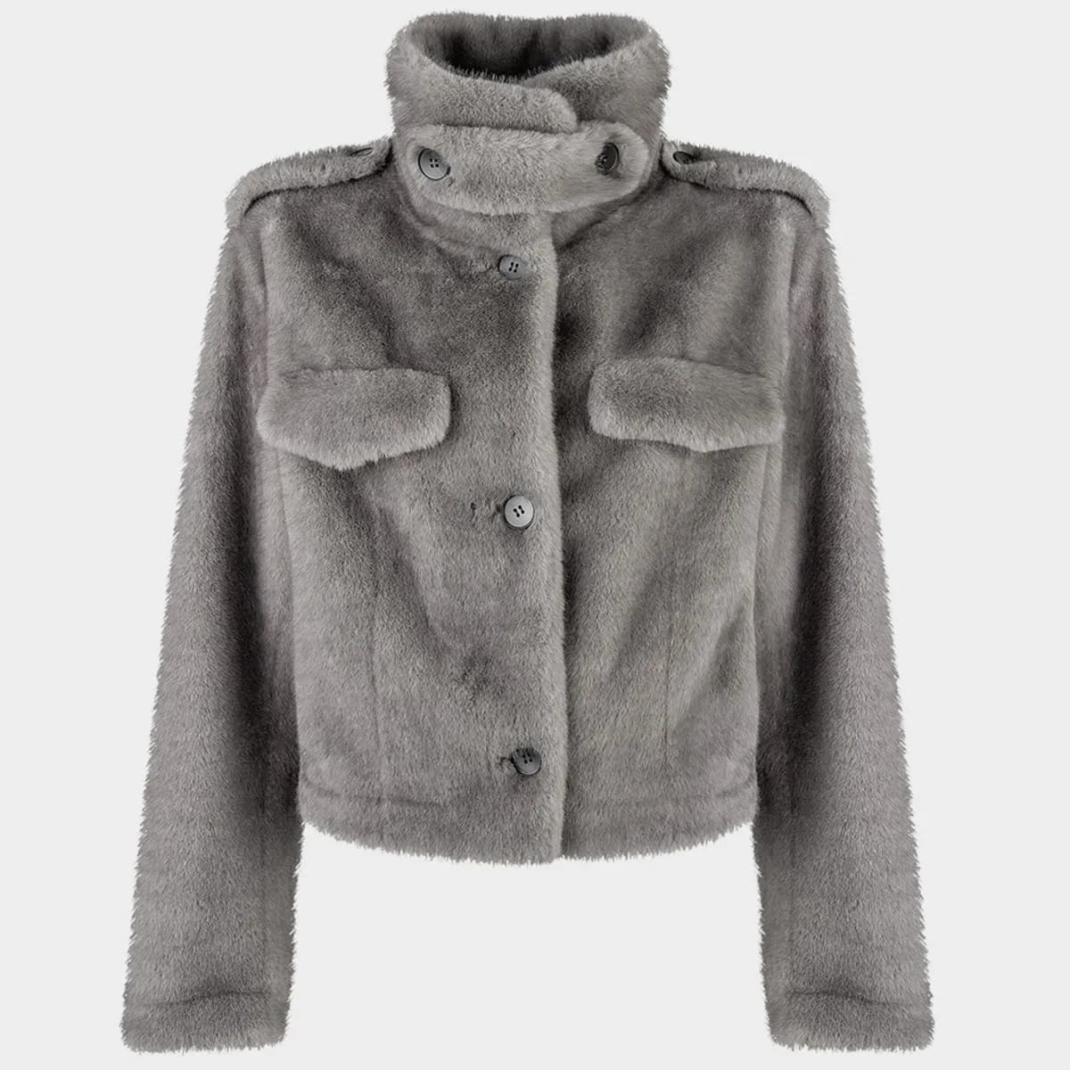 IG Women Brown & Grey Stand Collar Epaulet Flap Pocket Single Breasted Cropped Jacket, Elastic Hem, Winter Warm Vintage Casual